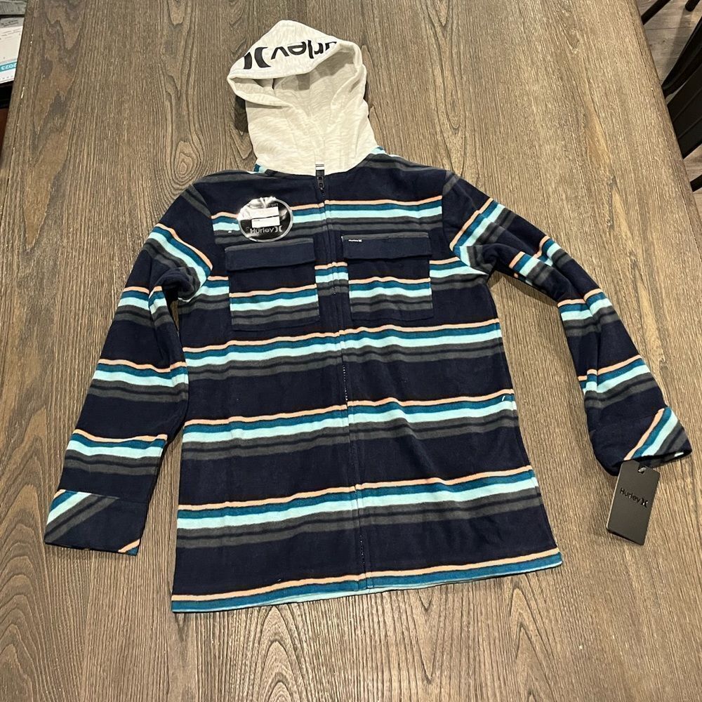 NWT Hurley Boys Obsidian Striped Zippered Hoodie Size M